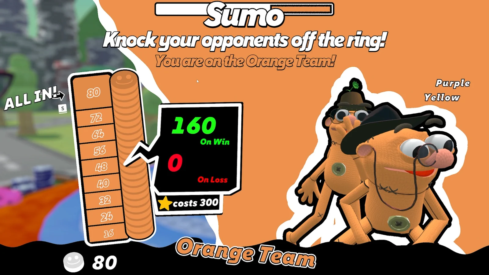『WE'RE ALL IN!』ミニゲーム「Sumo」のチップ賭け画面とオレンジチームのキャラクター