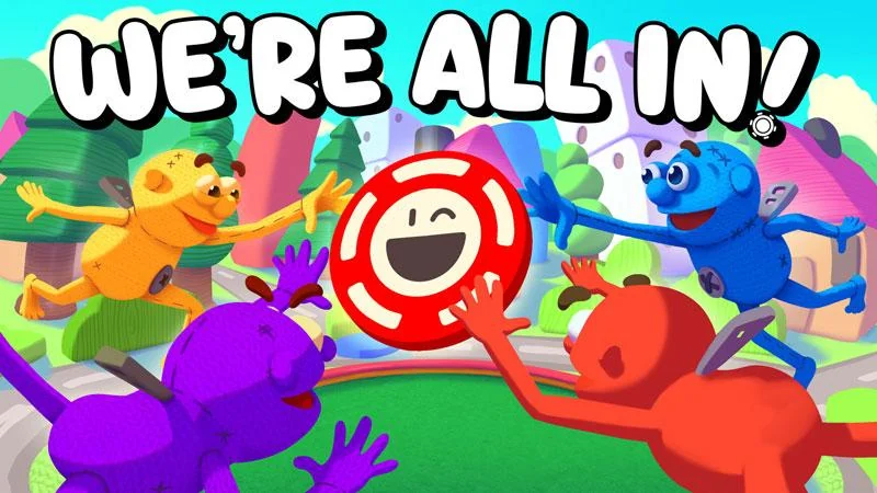 『WE'RE ALL IN!』のキービジュアル。笑顔の赤いチップに手を伸ばす4色のキャラクター