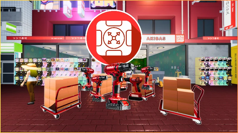 ガチャショップ前の台車と電動ドライバー、拡張アイコンを示すゲーム画面