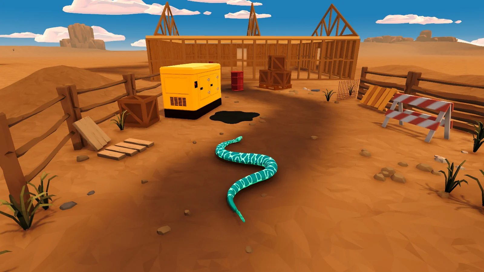 『Snake Mayhem』のゲーム画面。砂漠の工事現場でヘビが進む場面
