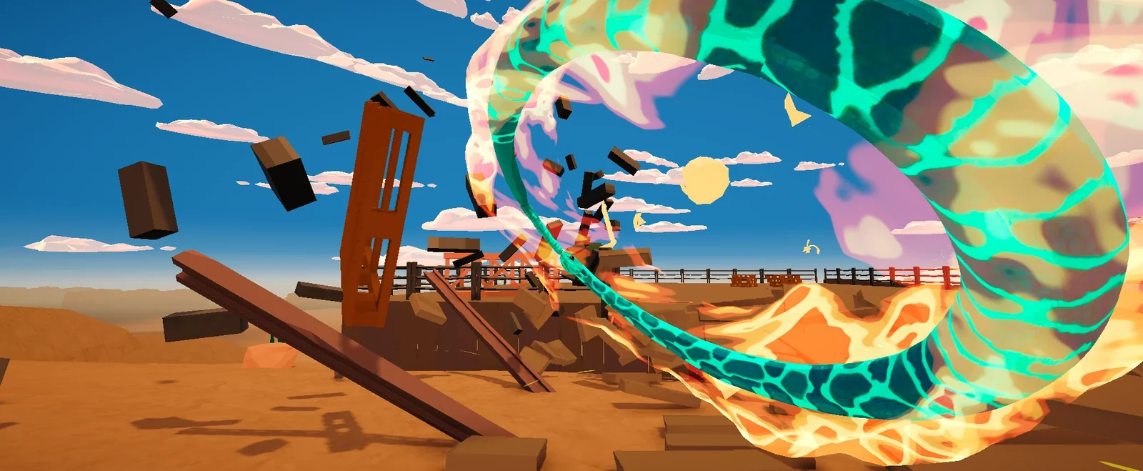 『Snake Mayhem』のゲーム画面。炎の車輪状のヘビが建物を破壊し破片が飛ぶ場面