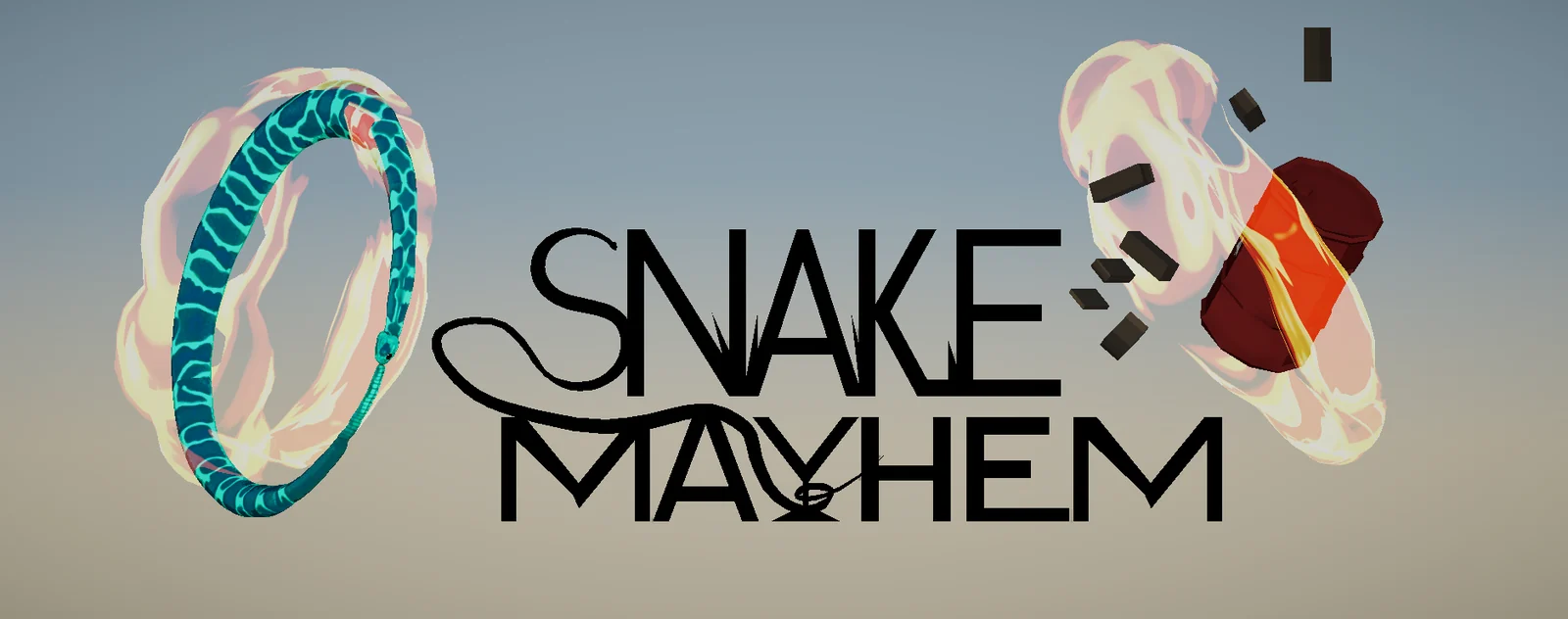 『Snake Mayhem』のキービジュアル。炎の車輪になったヘビと爆発する樽