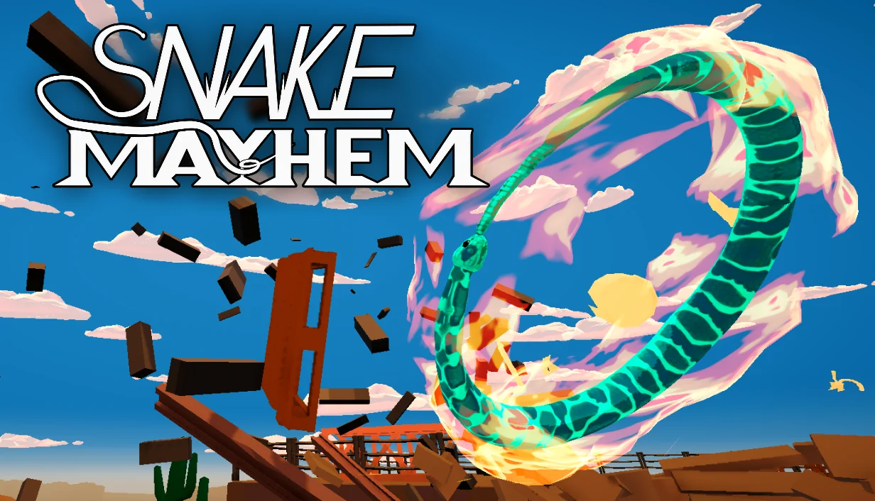 『Snake Mayhem』キービジュアル。炎の車輪になったヘビが建物を破壊する場面