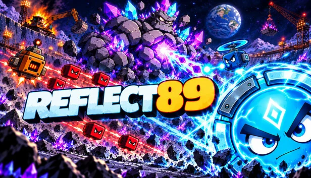 REFLECT89のキービジュアル。タイトルロゴと岩のボス、赤い敵、青いシールドキャラ