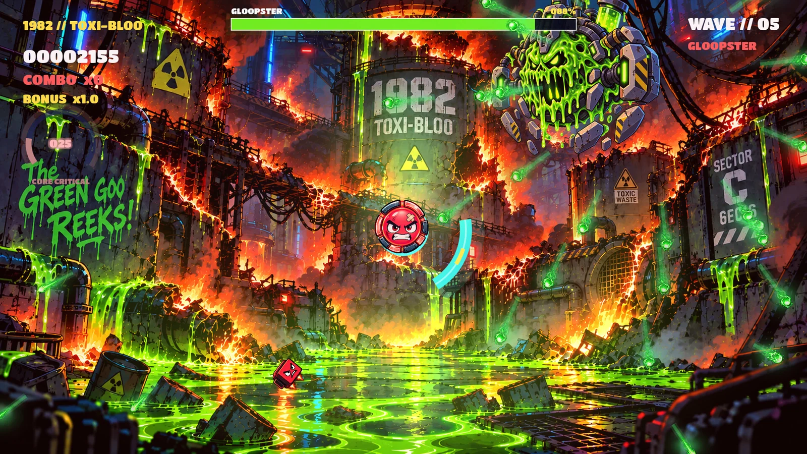 REFLECT89の1982 TOXI-BLOOステージで、ボスGLOOPSTERと戦うゲーム画面