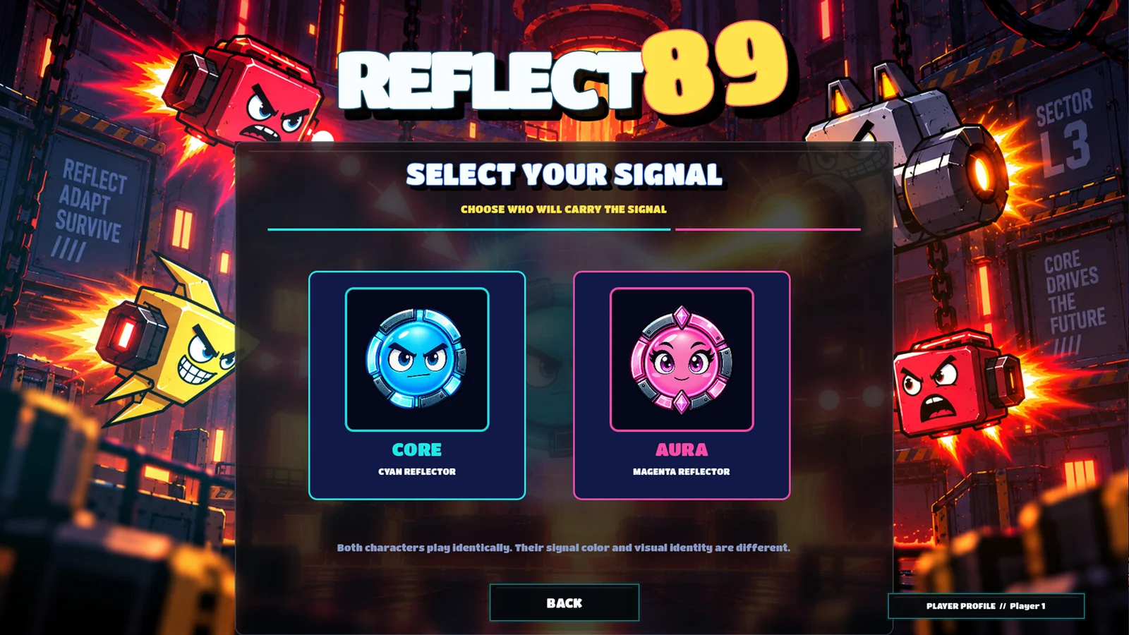 REFLECT89のキャラクター選択画面。COREとAURAから選ぶ