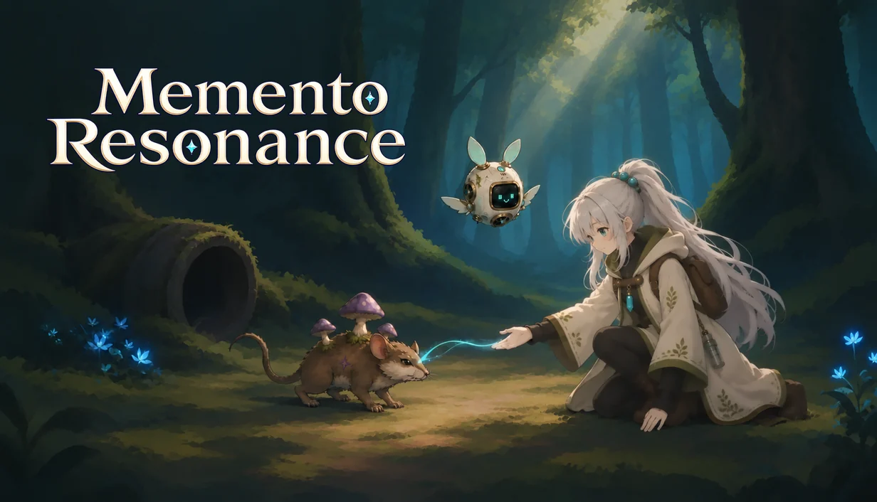 森の中で少女がキノコを背負ったモンスターに手を伸ばす『Memento Resonance』キーアート