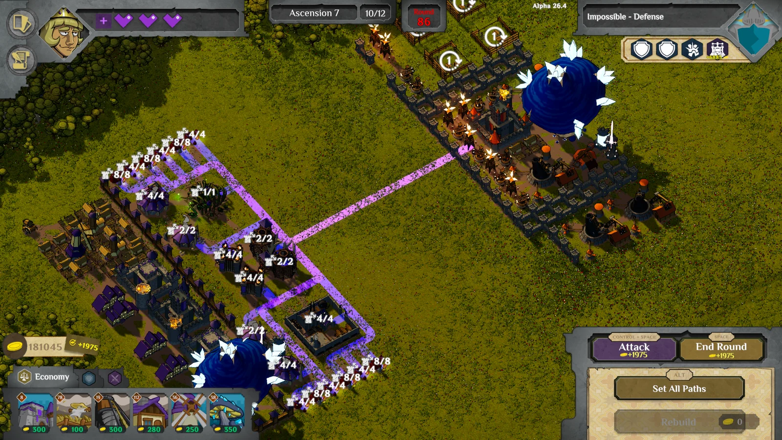 Possessed Kingdomのゲーム画面。紫の進軍ルートを描いて敵要塞へ攻める戦闘シーン