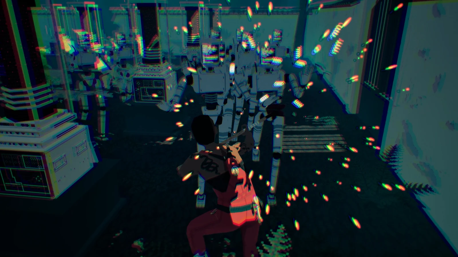 『Virtue and a Sledgehammer』のゲーム画面。主人公がロボットの群れと対峙する場面