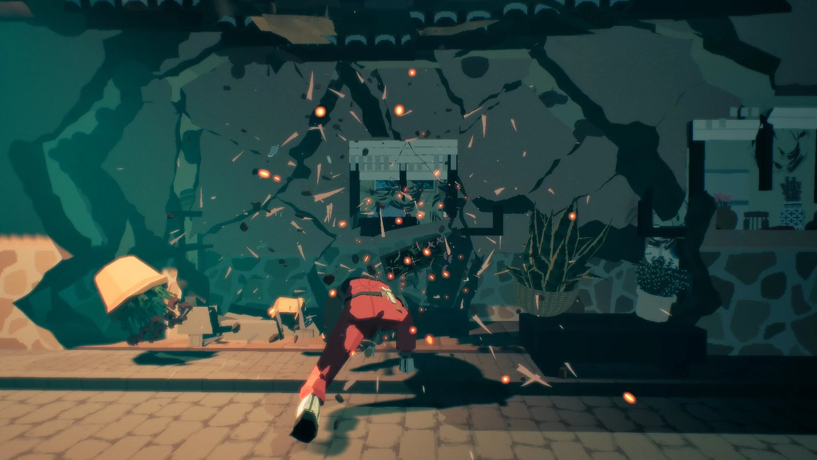 『Virtue and a Sledgehammer』赤い服の人物が建物を破壊し破片が飛び散るゲーム画面
