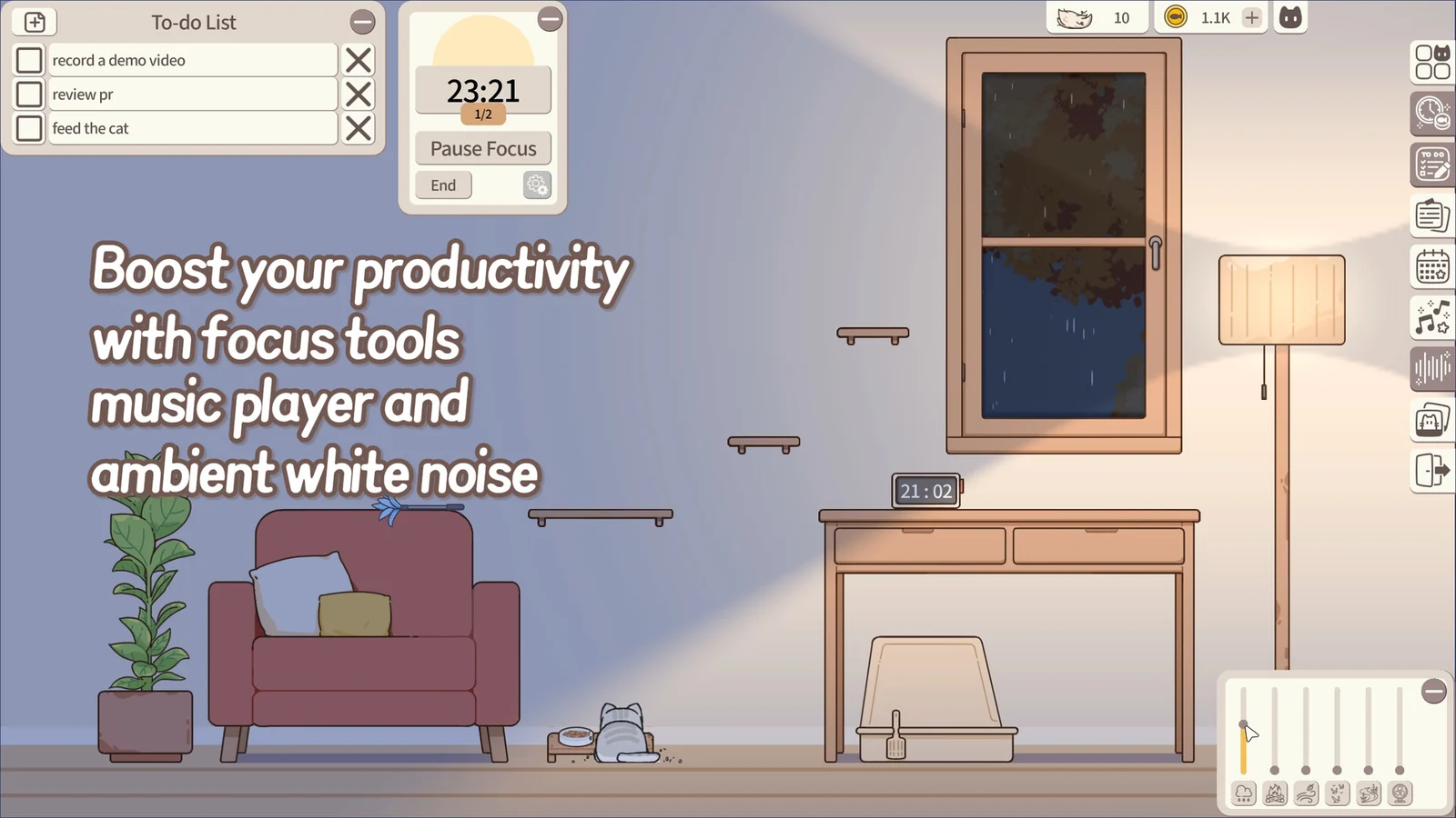 Meow Time: cozy cat roomのゲーム画面。部屋に猫がいて、ToDoやタイマーなどの作業ツールが表示されている