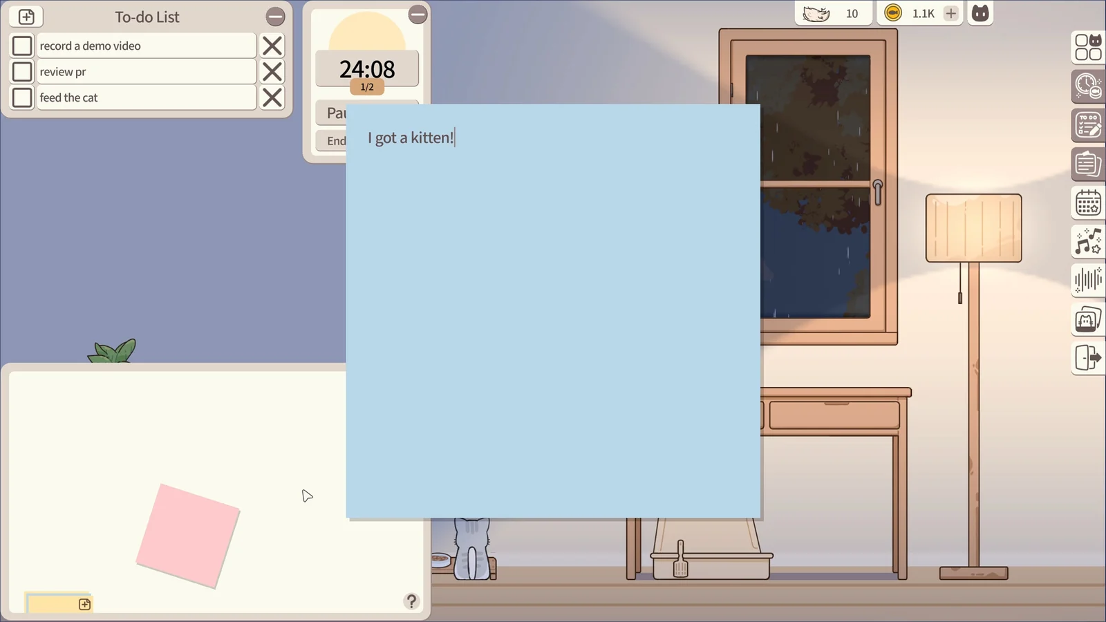 Meow Time: cozy cat roomのTo-Doリストと付箋、タイマーを表示したゲーム画面