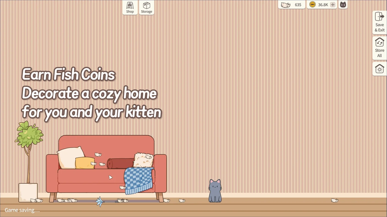 Meow Time: cozy cat roomのゲーム画面。ソファのある部屋で子猫がいる様子