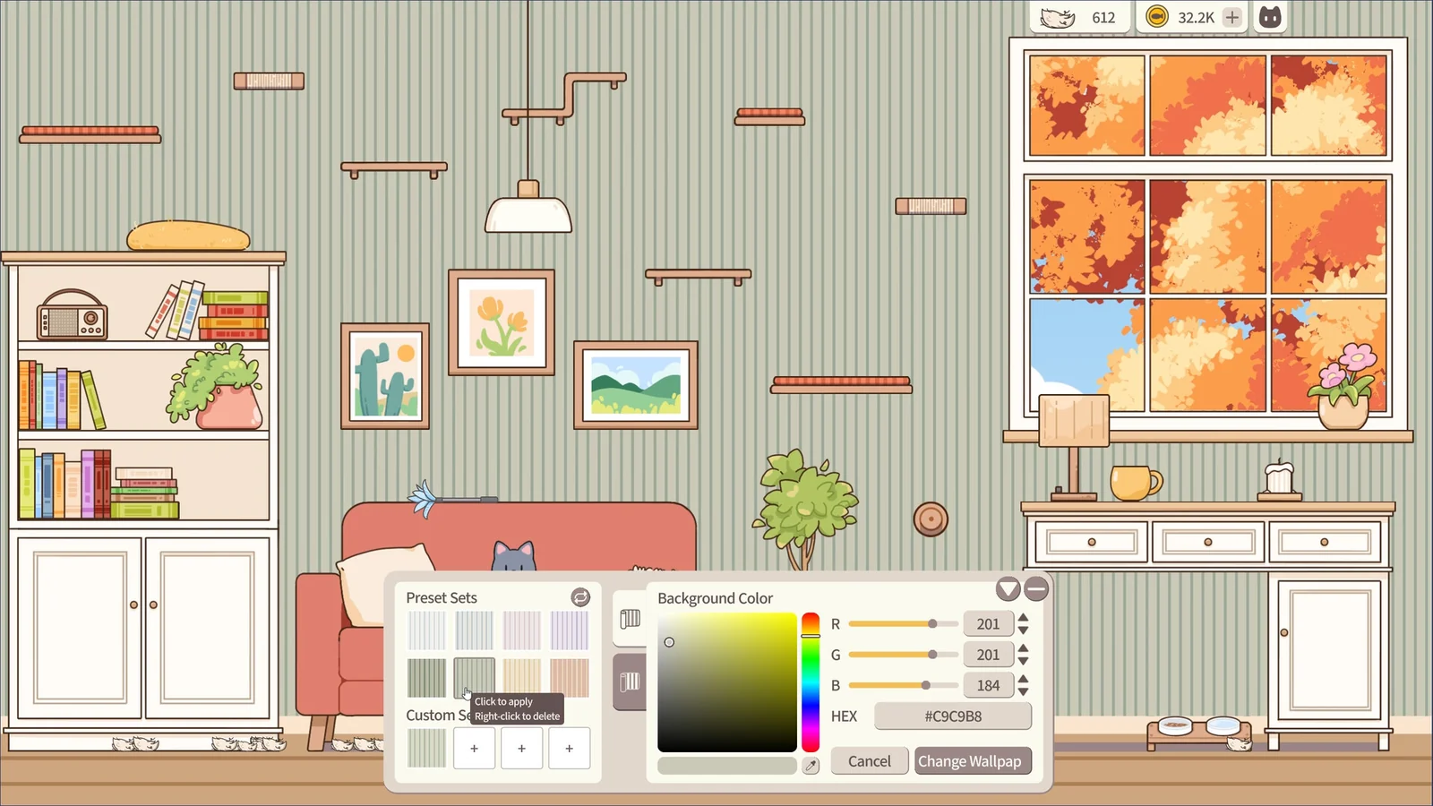 『Meow Time: cozy cat room』の部屋と壁紙変更画面のスクリーンショット